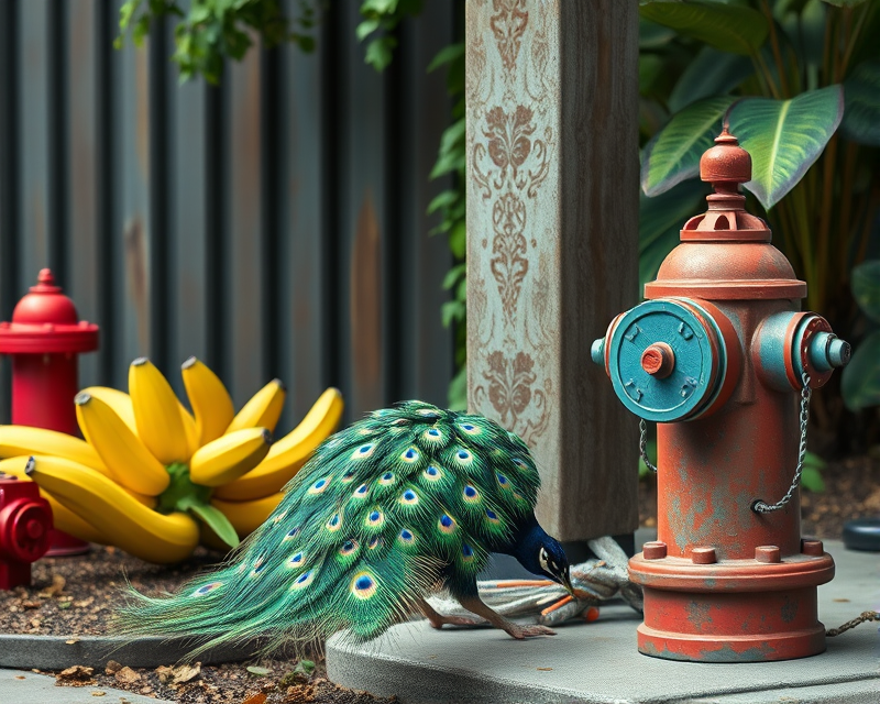 peacock, banana, box, fire hydrant